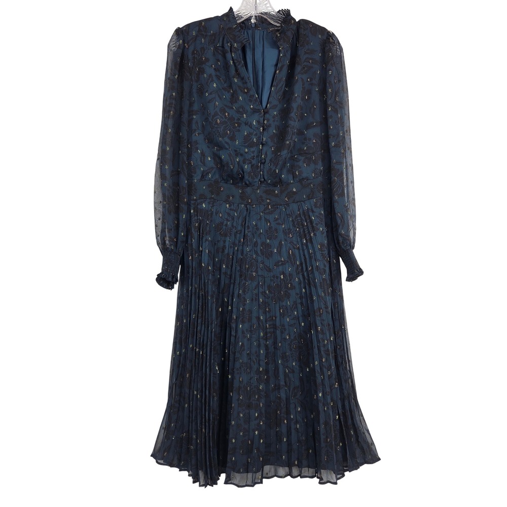 Ann Taylor Pleated Midi Dress 6 Blue Gold Floral Whimsygoth Witchy Party Boho